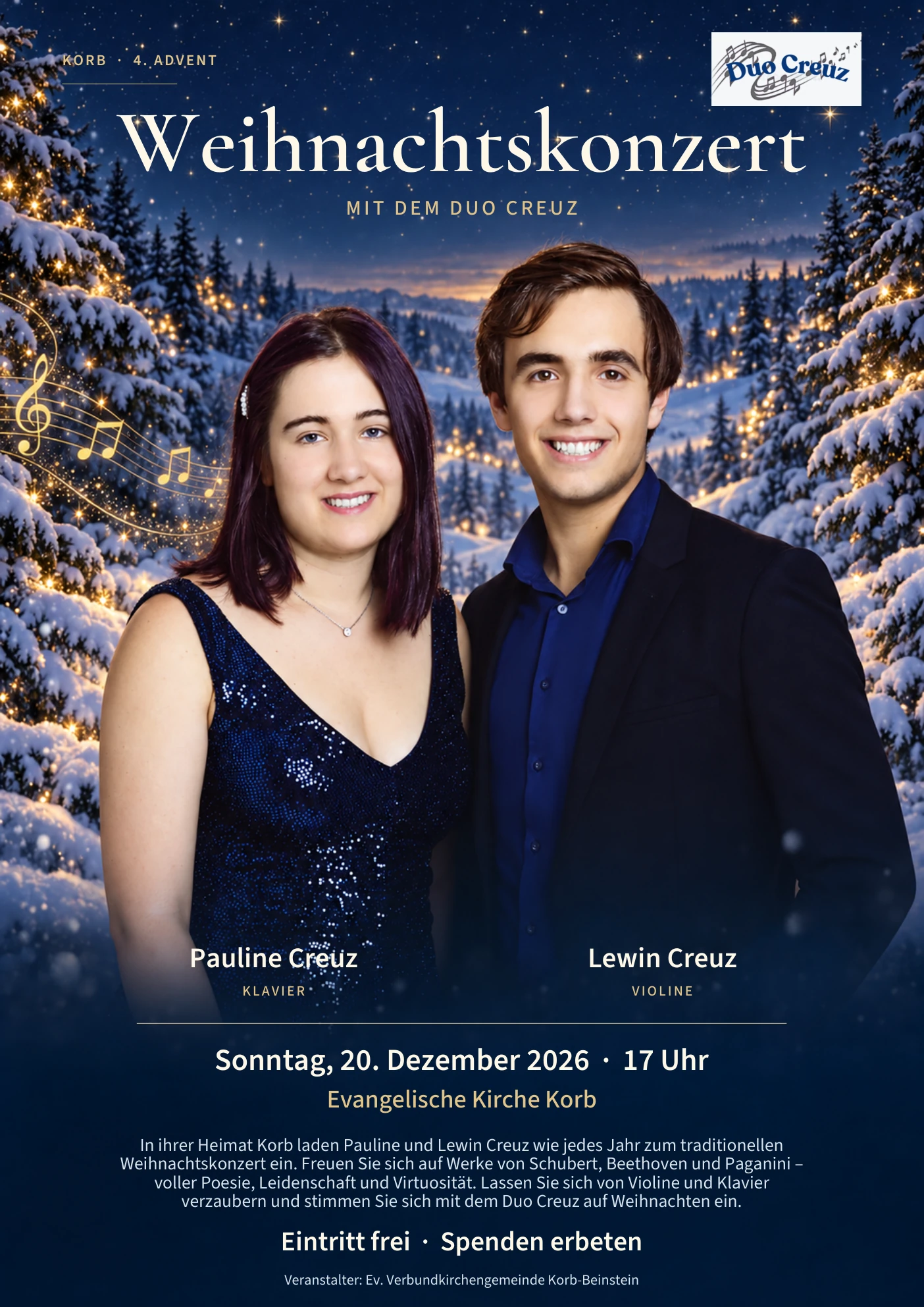 Plakat: Weihnachtskonzert mit dem Duo Creuz am 20. Dezember 2026 um 17 Uhr in der Evangelischen Kirche Korb. Lewin Creuz, Violine; Pauline Creuz, Klavier. Eintritt frei, Spenden erbeten.
